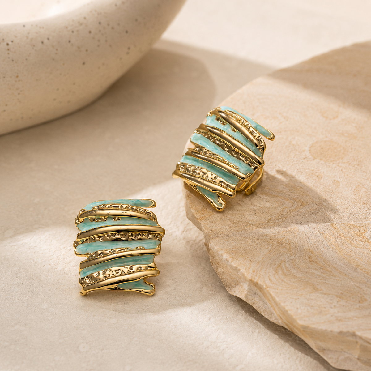 Teal Wave Statement Earrings (Green & Pink)